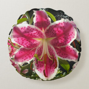 Pink lilies pink tropical flowers pink floral round pillow