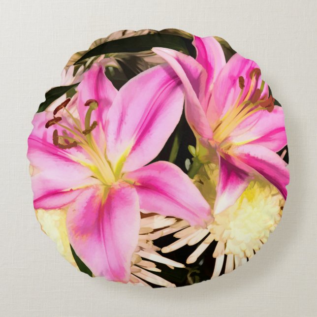 Pink Lilies Round Pillow (Front)