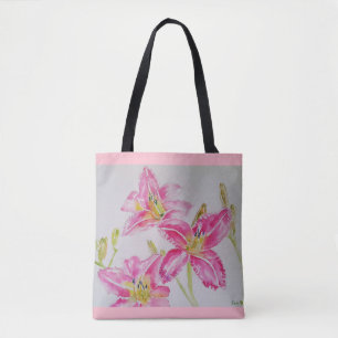 Pink Lilies Sac fourre-tout Floral Aquarelle