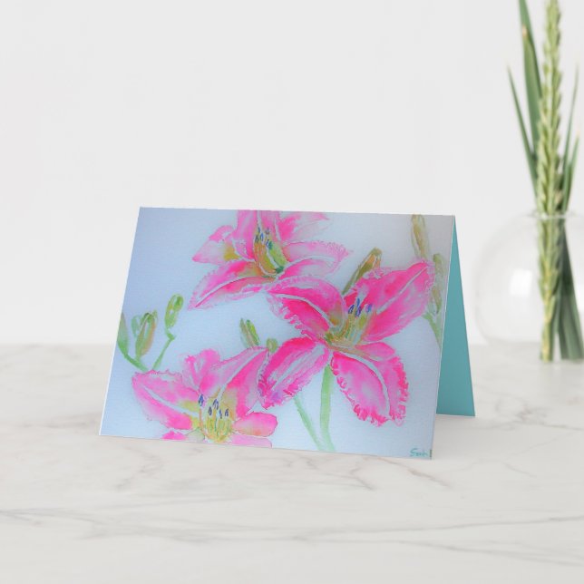 Pink Lilies Watercolour Birthday Card (Front)