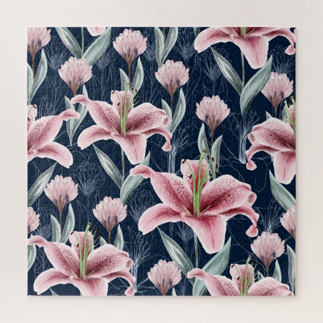 Pink Lilly Flower Seamless Pattern. Jigsaw Puzzle (Vertical)