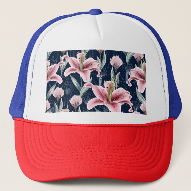 Pink Lilly Flower Seamless Pattern. Trucker Hat (Front)