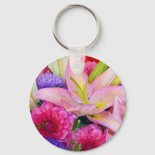 Pink lily and dahlia floral print keychain