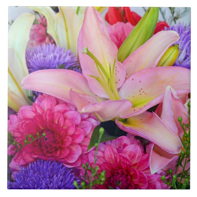 Pink lily and dahlia flower print ceramic tile (Front)
