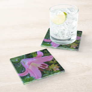 Pink Lily Bloom Floral Glass Coaster