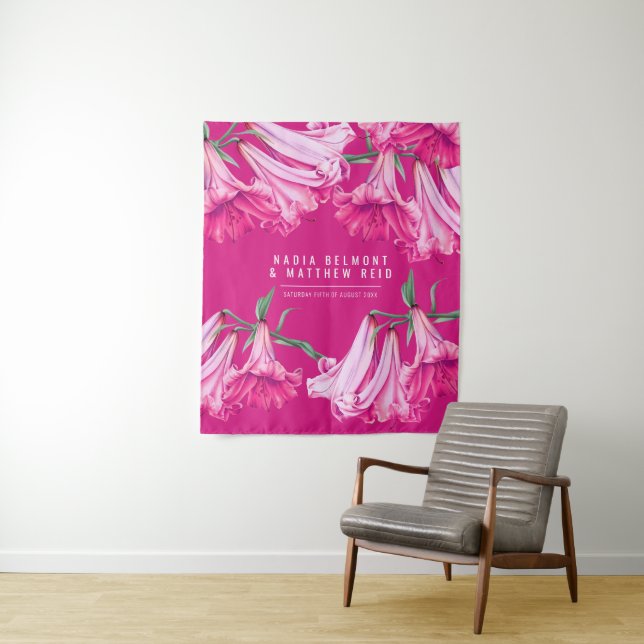  Pink lily floral wedding custom backdrop Tapestry (In Situ)