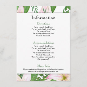 Pink Lily Floral Wedding Information Details Enclosure Card