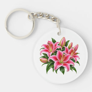 Pink Lily Flower Botanical Floral Art Round Keycha Keychain