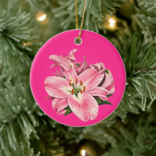 Pink Lily Flower Bouquet Ceramic Ornament