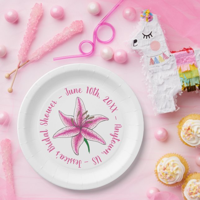 Pink Lily Flower Bridal Baby Shower Floral Garden Paper Plate (Party)