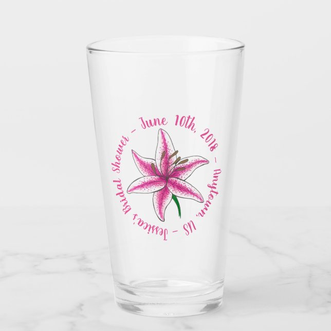 Pink Lily Flower Bridal Shower Wedding Favour Glass (Front)
