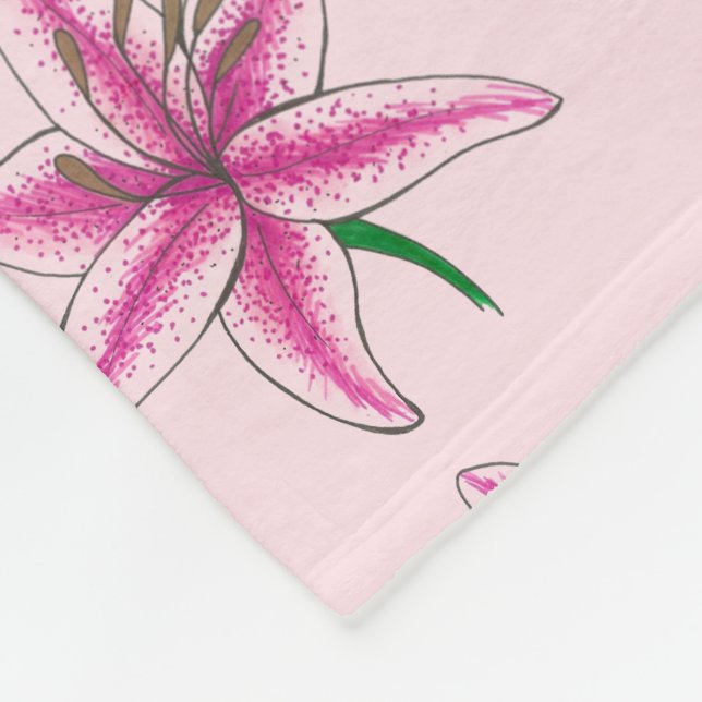Pink Lily Flower Floral Print Garden Lilies Fleece Blanket (Corner)