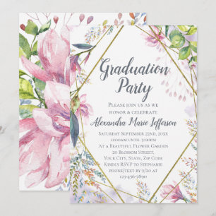Pink Lily Flower Geometric Gold Girls Graduation Invitation