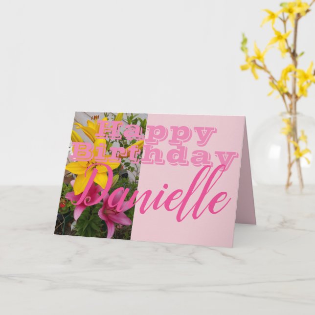 Pink Lily Flower Happy Birthday Womans Name Card (Yellow Flower)
