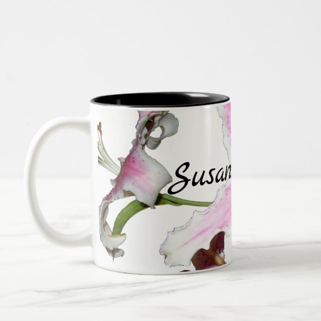 Pink Lily Flower on White with Black Two-Tone Coffee Mug (Left)