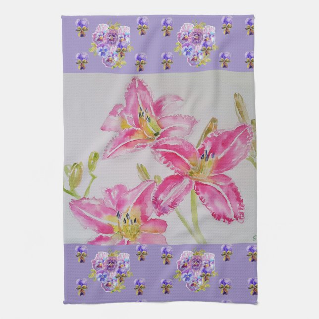Pink Lily Flower Pink Watercolour Floral Flower Te Kitchen Towel (Vertical)