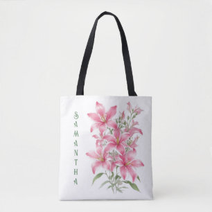 Pink Lily Flowers Personalized Tote Bag