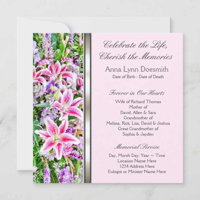 Pink Lily Funeral Announcements (Front)