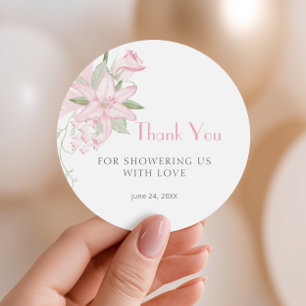 Pink Lily Green Leaves Baby Shower Thank You Classic Round Sticker