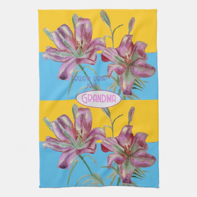 Pink Lily lillies art Grandma Name Decoration Kitchen Towel (Vertical)