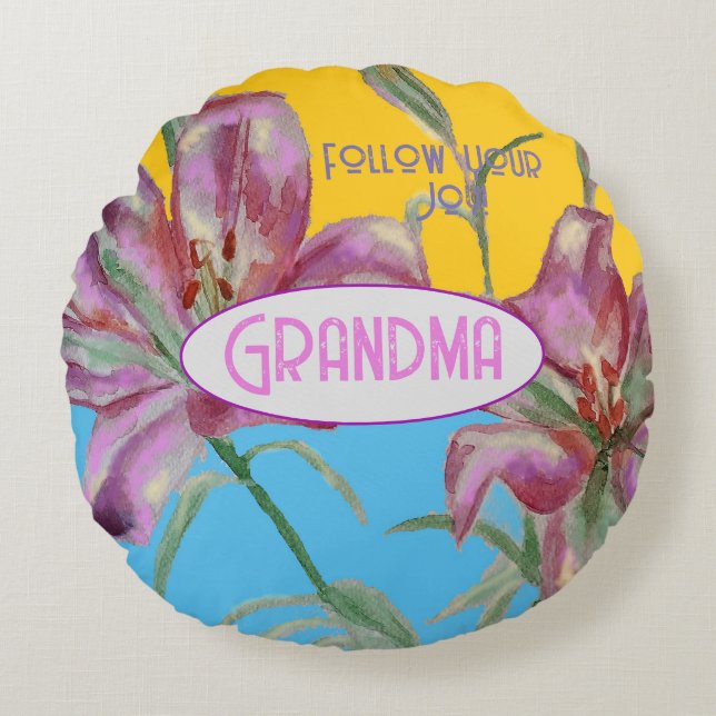 Pink Lily lillies art Grandma Name Decoration Round Pillow (Front)