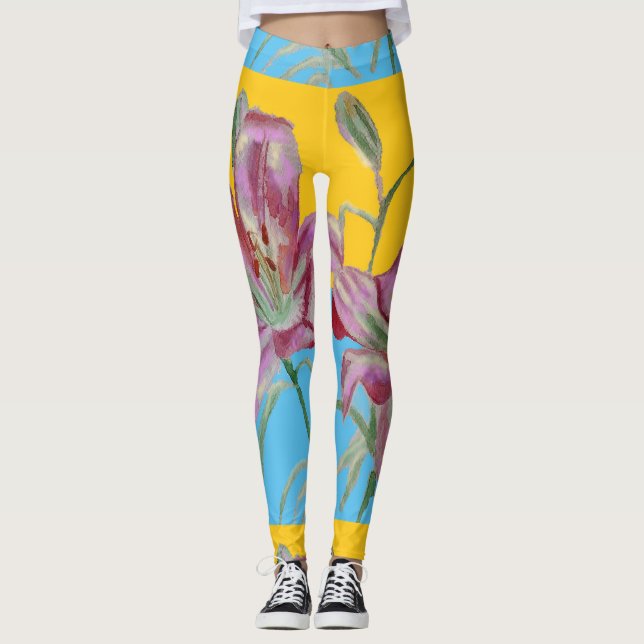 Pink Lily Lillies Floral Flower Watercolor Leggings (Front)