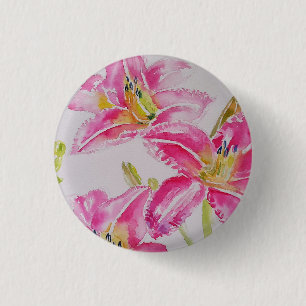 Pink Lily lillies Watercolor Painting Floral 1 Inch Round Button