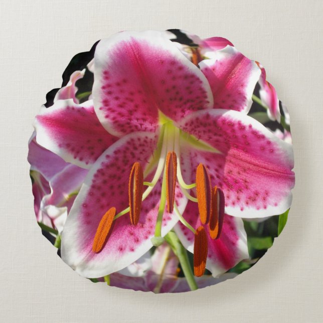 Pink lily pink floral pink flower tropical flower round pillow (Front)