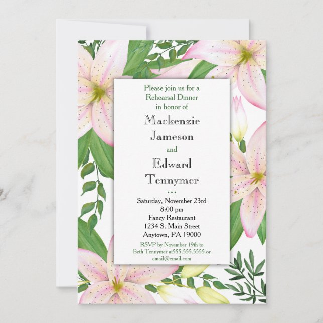 Pink Lily Rehearsal Dinner Invitation (Front)