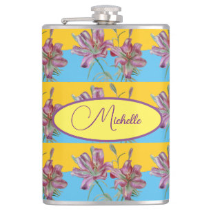 Pink Lily Watercolor Painting Girls Floral Art 532 Hip Flask