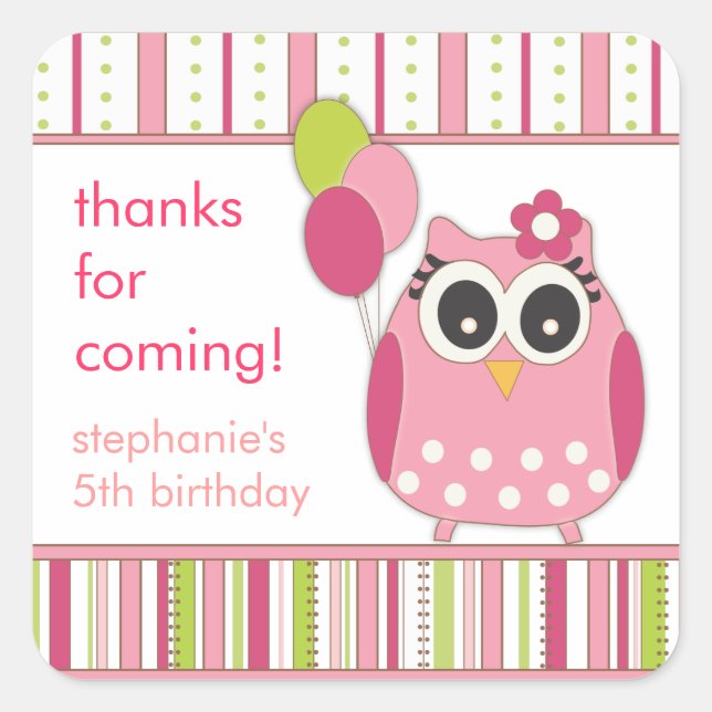 Pink & Lime Girly Owl Birthday Party Favour Sticke Square Sticker (Front)