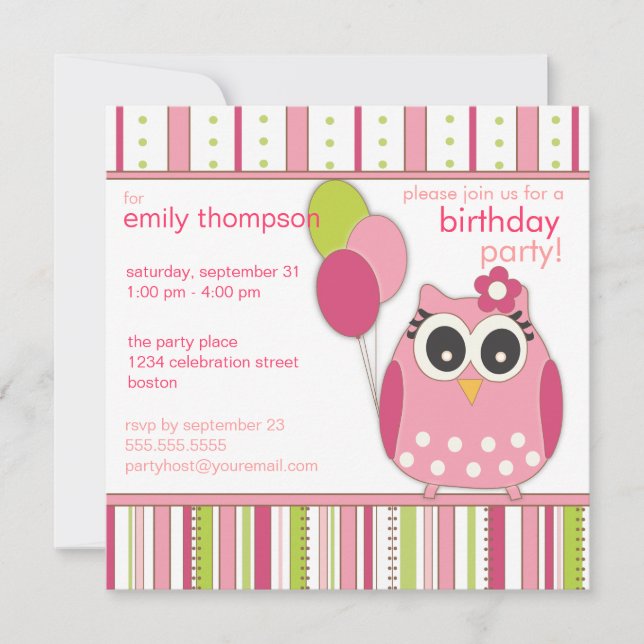 Pink & Lime Girly Owl Birthday Party Invitation (Front)