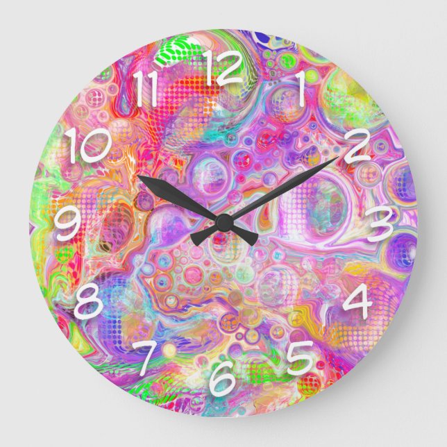 Pink, Lime Green and Blue Bubbly Art Large Clock (Front)