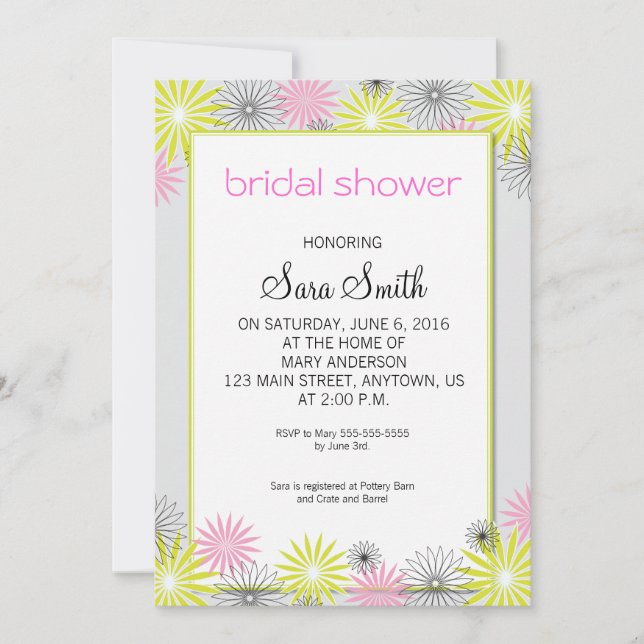 Pink, Lime Green & Black Bridal Shower Invite (Front)