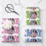 Pink, lime green, blue Joy Christmas holiday photo Wrapping Paper Sheet<br><div class="desc">Red, lime green and blue Joy with berries Christmas holiday photo Wrapping Paper Sheets. The first sheet showcases a pattern of the word "JOY" in pink with red berries and greenery while instead of the letter "O" there is your photo. The second features the word "JOY" in lime green and...</div>