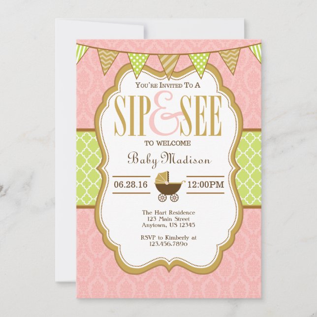 Pink Lime Green Gold Sip Et Voir Invitation (Devant)