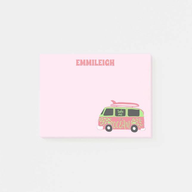 Pink Lime Green Hippie Van Take Me to the Ocean Post-it Notes (Front)