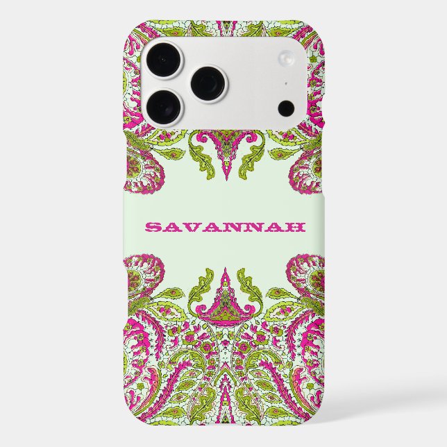 Pink & Lime Green Personalized Damask iPhone Cover (Back)