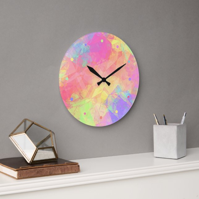 Pink Lime Green Purple Blue Polygon Art Pattern Cl Large Clock (Office)