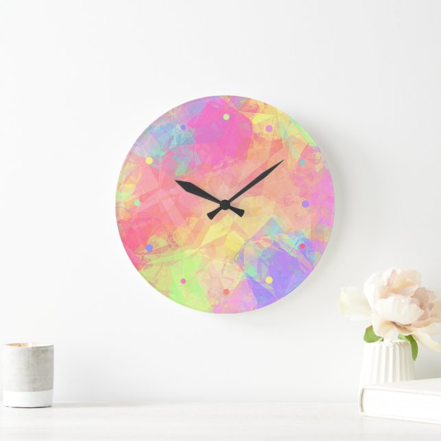 Pink Lime Green Purple Blue Polygon Art Pattern Cl Large Clock (Home)