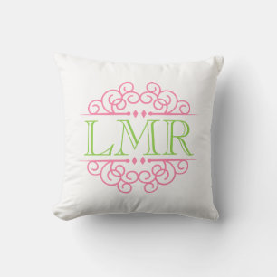 Pink & Lime Green Vintage Frame Monogrammed Throw Pillow