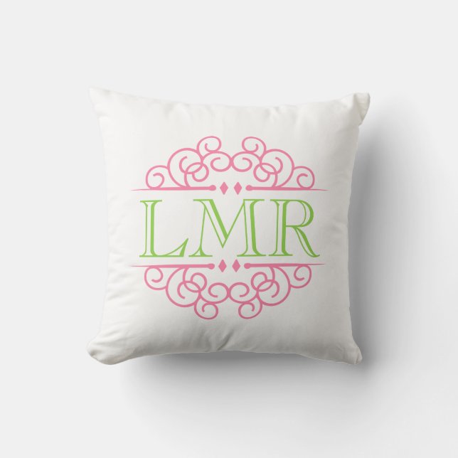 Pink & Lime Green Vintage Frame Monogrammed Throw Pillow (Front)