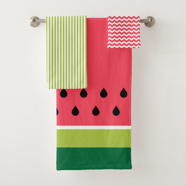 Pink Lime Green Watermelon Summer Fruit Pattern Bath Towel Set (Insitu)