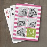 Pink Lime Striped Photo Collage Custom Monogram Playing Cards<br><div class="desc">Background includes an optional stripe Pattern - Use five square photos to create a unique and personal gift. Or you can keep the hipster puppy and make a trendy keepsake. If you need to adjust the pictures,  click on the customize tool to make changes.</div>