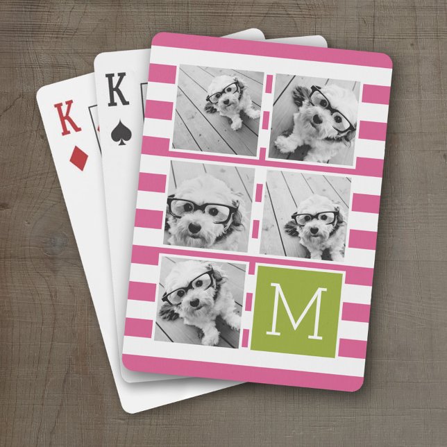 Pink Lime Striped Photo Collage Custom Monogram Playing Cards (Personalized Playing Cards)