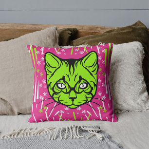 Pink Lime White Black Modern Cat Pattern Custom Throw Pillow