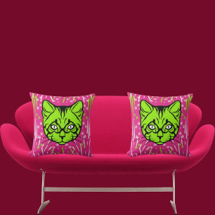 Pink Lime White Black Modern Cute Cat Colourful Throw Pillow