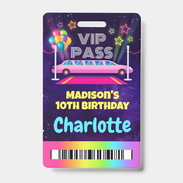 Pink Limo VIP Pass Birthday Lanyard Badge (Front)