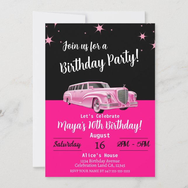 Pink Limousine Doll Party Birthday Invitation (Front)