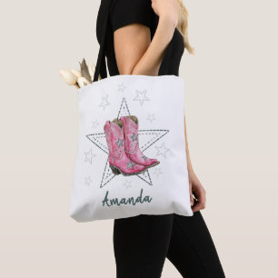 Pink Line Dancing Boots and Stars Tote Bag